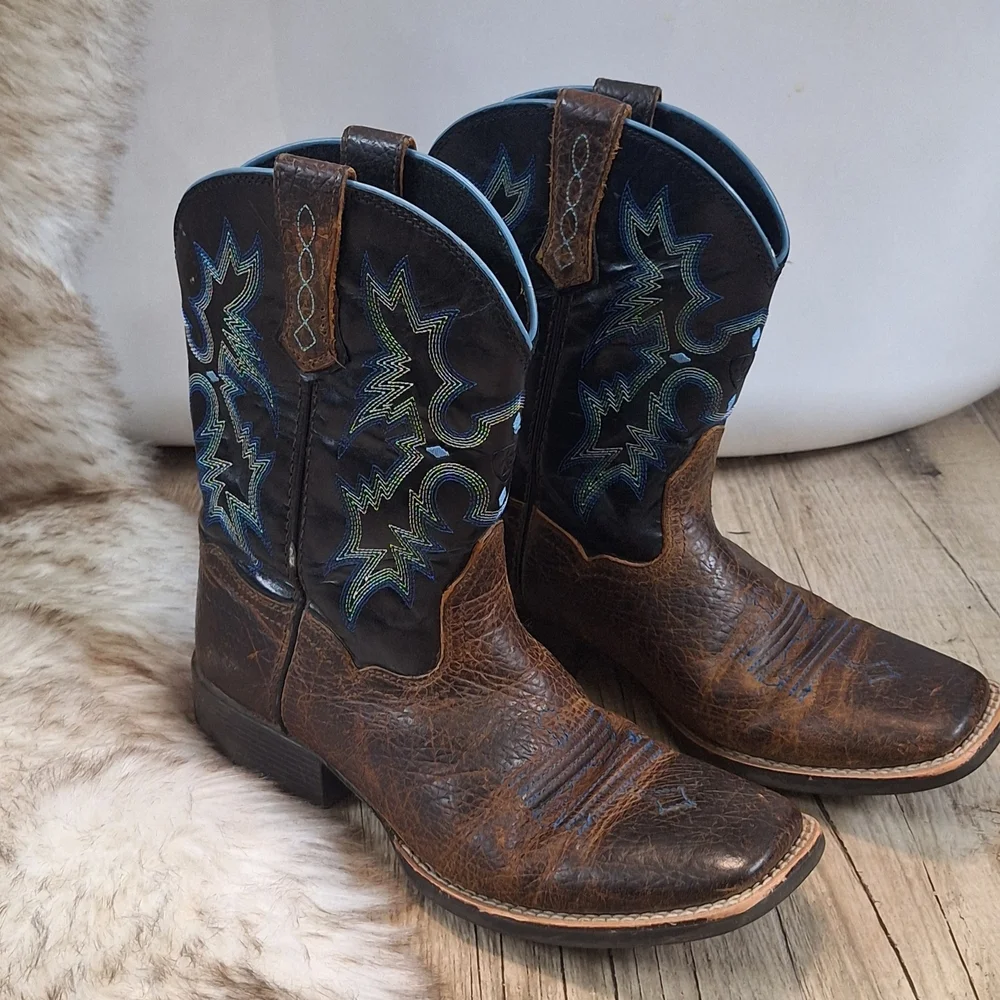 Ariat Tombstone Boys Western Boots Brown Blue Square Toe Size 4 Leather 4LR